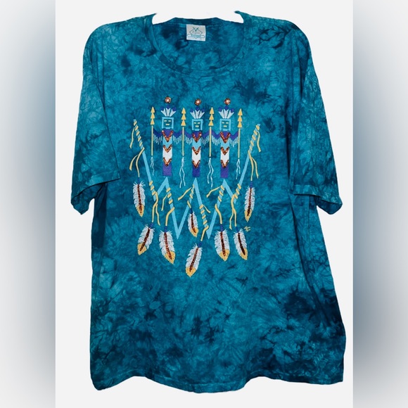 Vintage 90s Lynee Apparel Native American Tie Dye T Shirt Navajo Turquoise XL - Picture 1 of 5